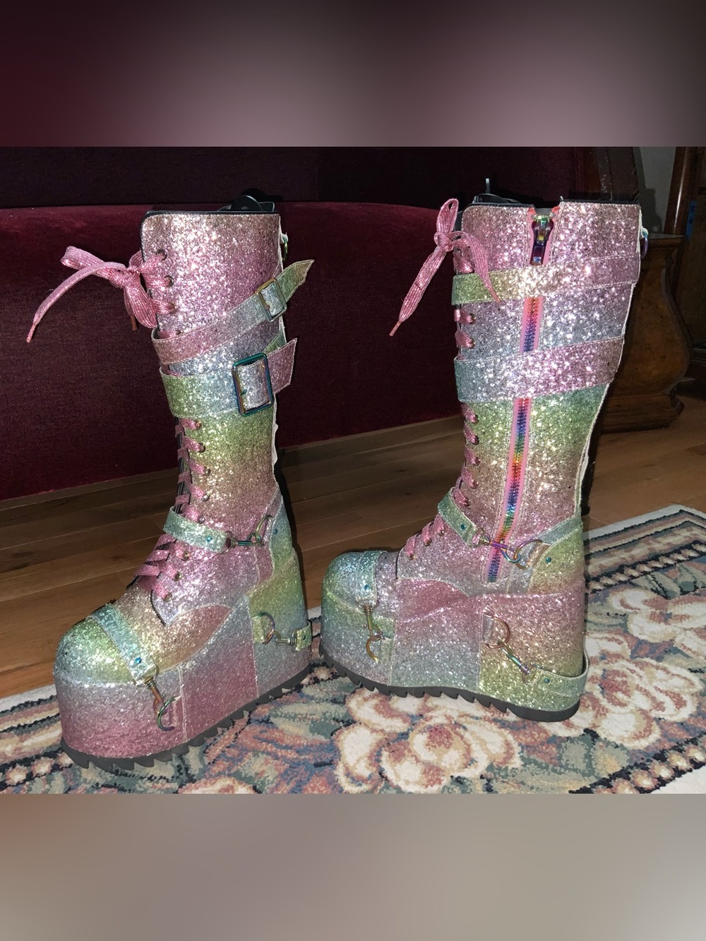 New Club Exx by Dolls Kill Rainbow Sparkle Platform Boots size 8 PRIDE